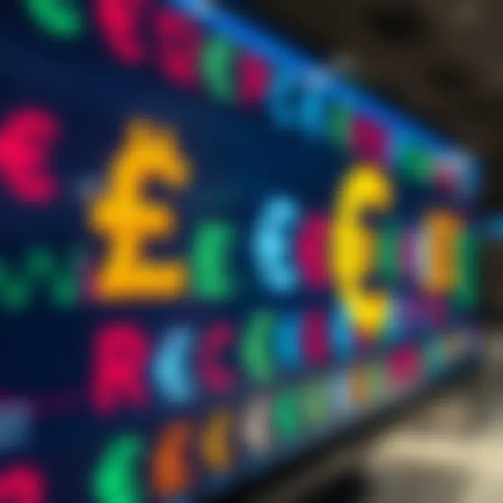 A digital display showcasing various currency symbols