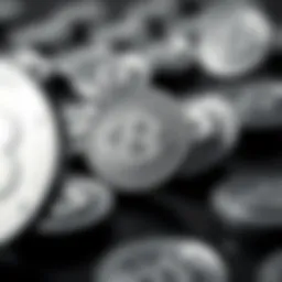 A digital representation of cryptocurrency symbols in shades of gray
