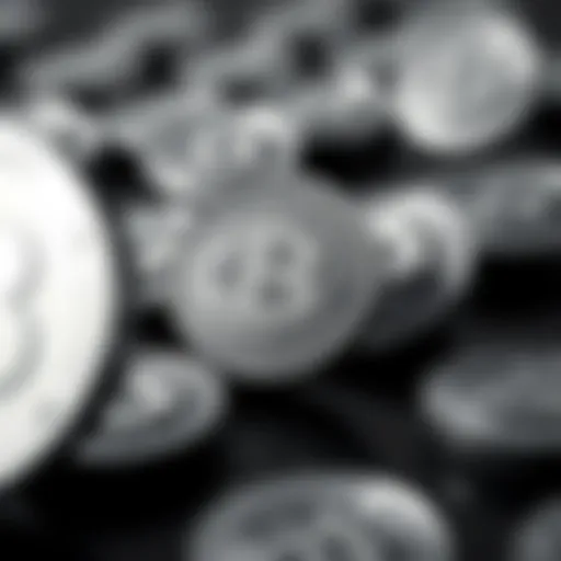 A digital representation of cryptocurrency symbols in shades of gray