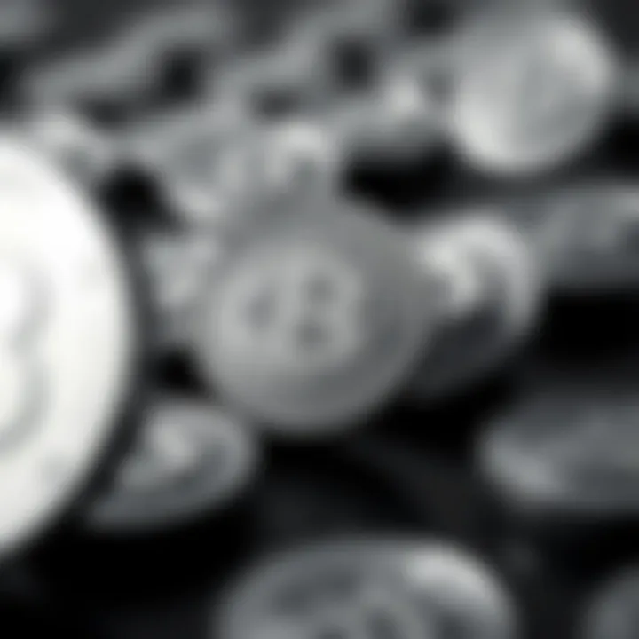 A digital representation of cryptocurrency symbols in shades of gray