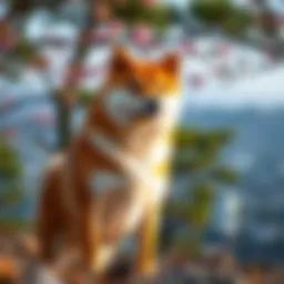A majestic Shiba Inu standing proud in a serene Japanese landscape